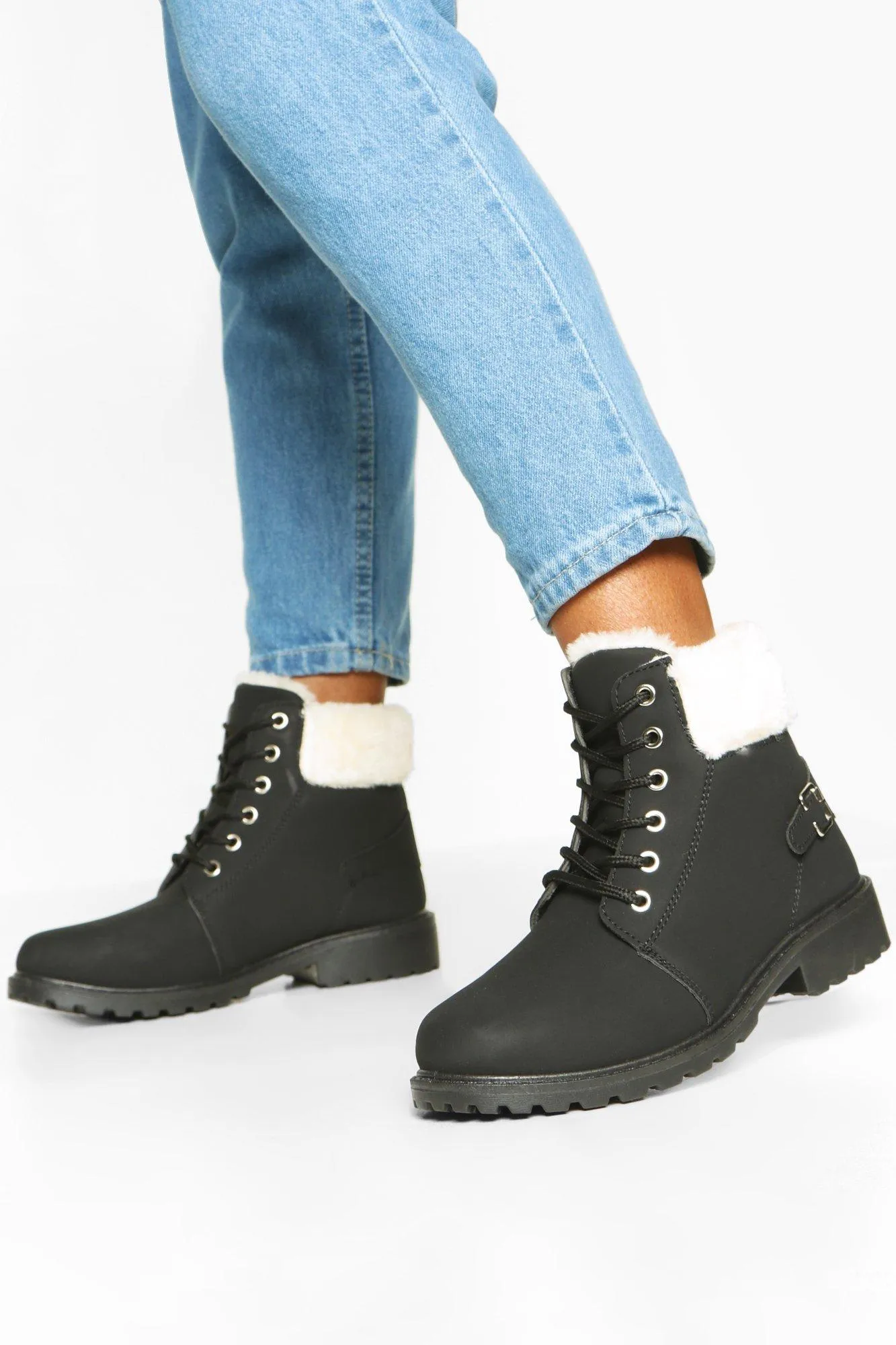 Faux Fur Cuff Lace Up Combat Boots