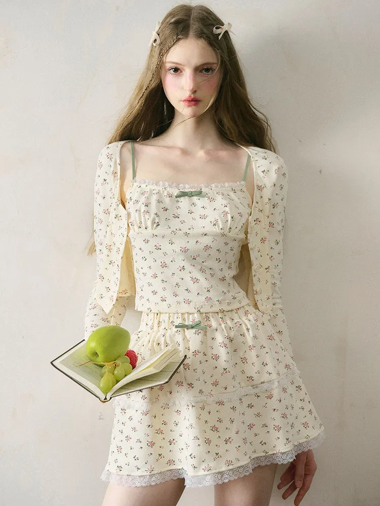 French Floral Girly Camisole ＆ Cropped Cardigan ＆ Skirt