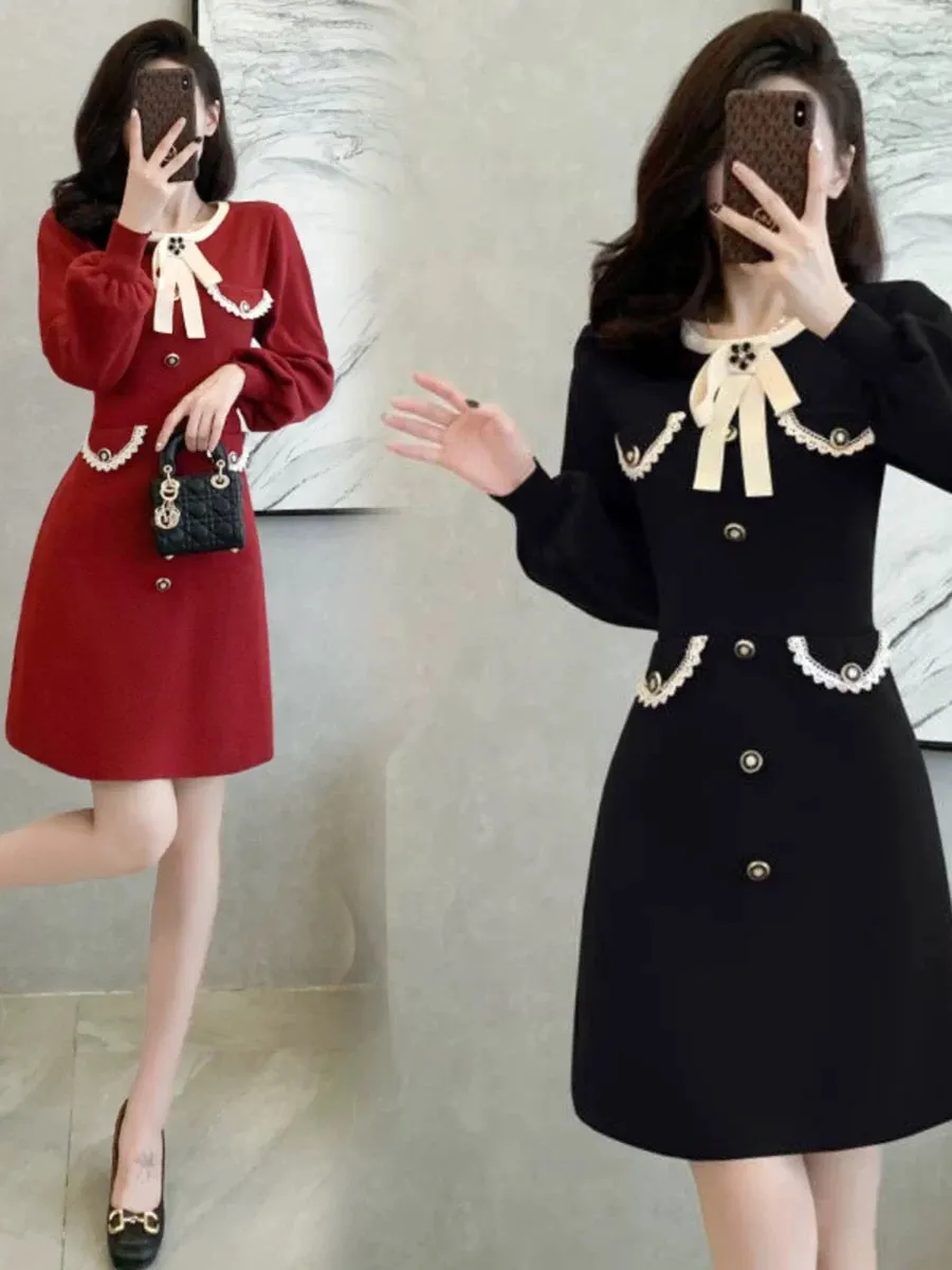 French socialite red knitted dress for women in autumn and winter, waist-cinching, sweet temperament, bow, slimming A-line sweat