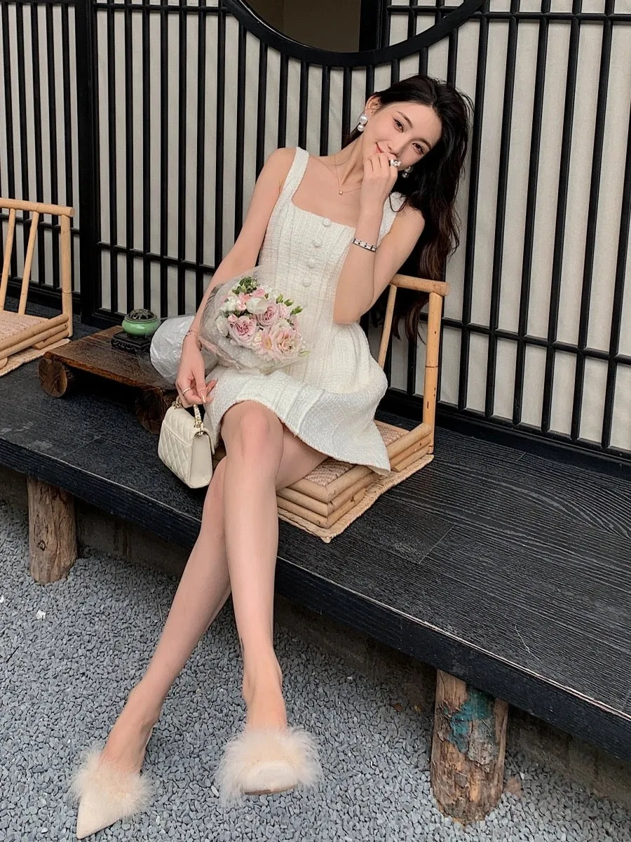 French style pure desire design slim waist milky white vest dress texture flower bud short skirt