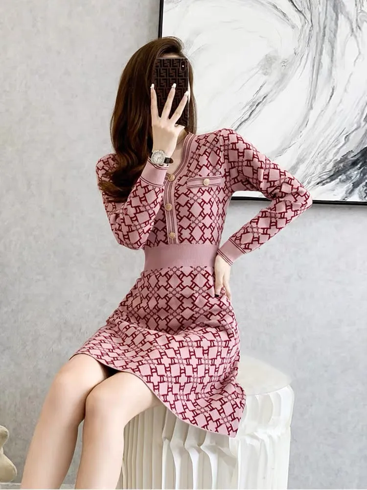 French style waist slimming pink sweater skirt 2023 new autumn and winter women's small knitted dress (V5517)