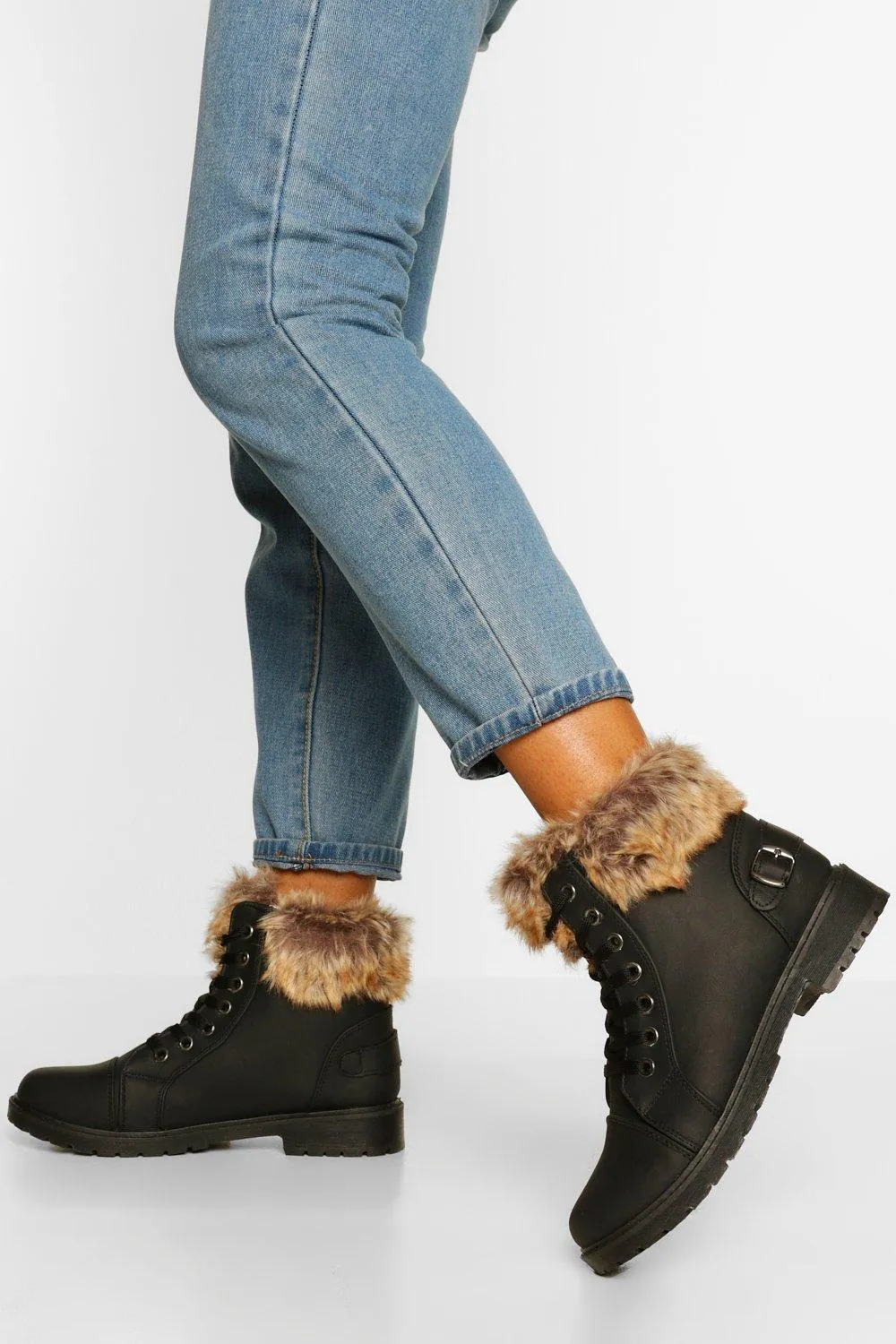 Fur Cuff Detail Lace Up Combat Boots