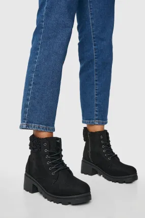 Fur Trim Block Heel Combat Boots