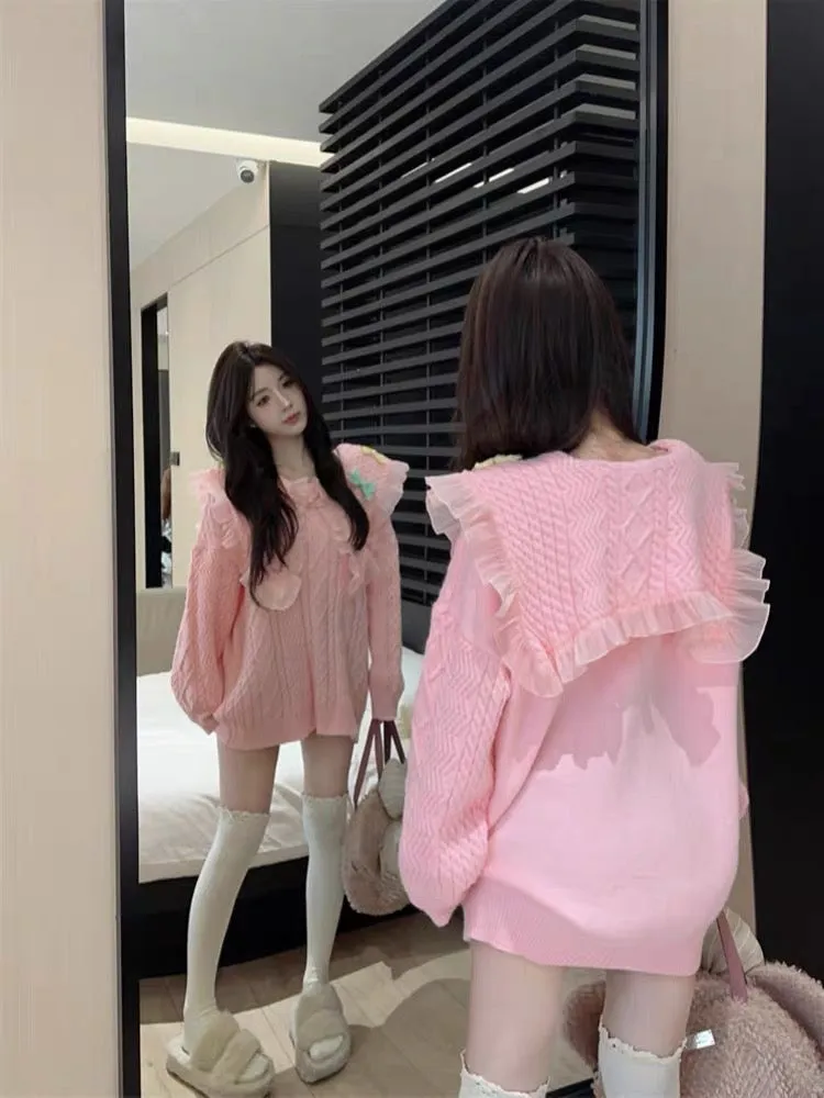 Gentle style sweet bow beautiful sweater women's autumn and winter 2023 new loose sweater long-sleeved top