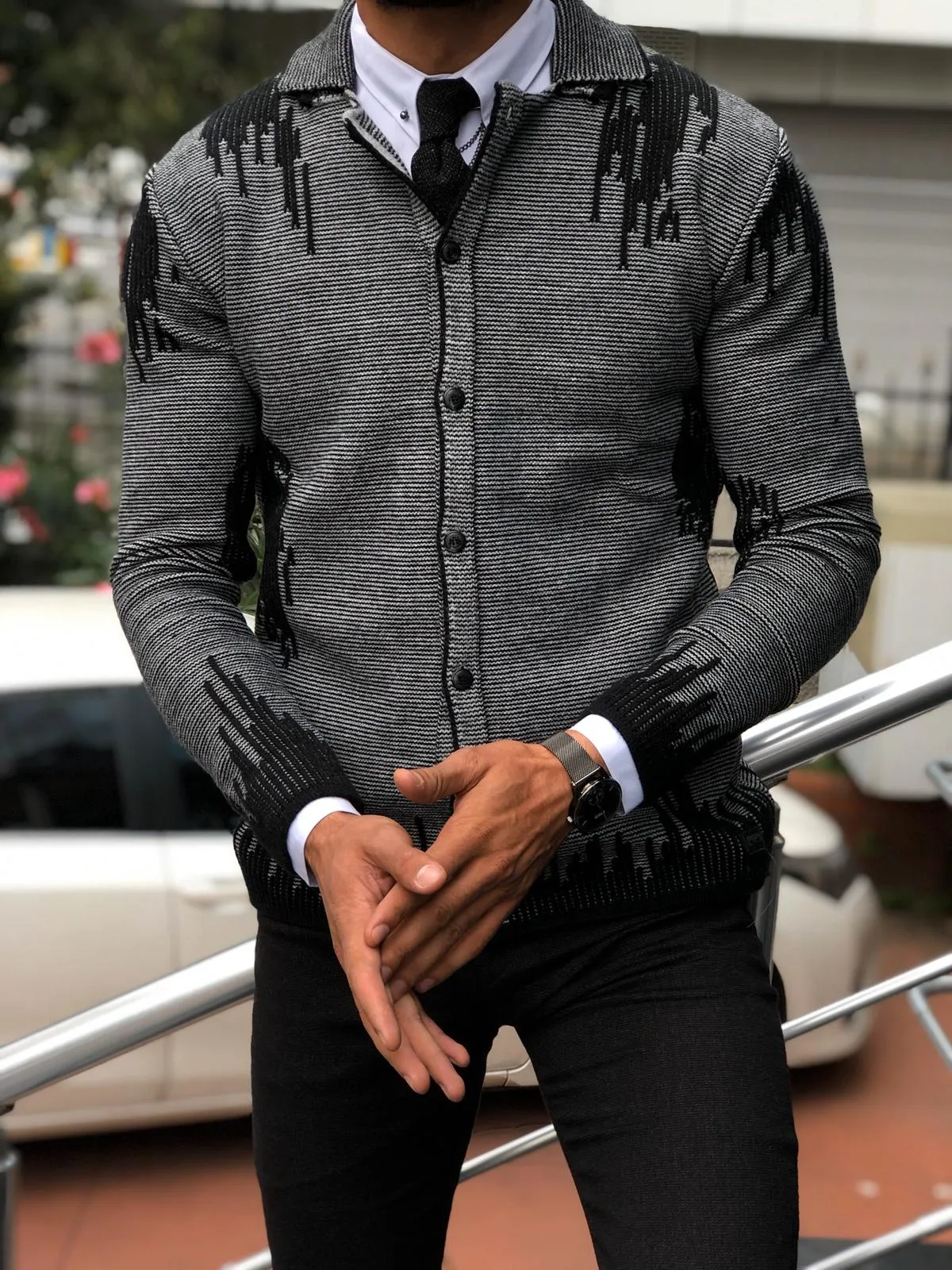 Gerry Slim-Fit Patterned Knitwear Cardigan Black