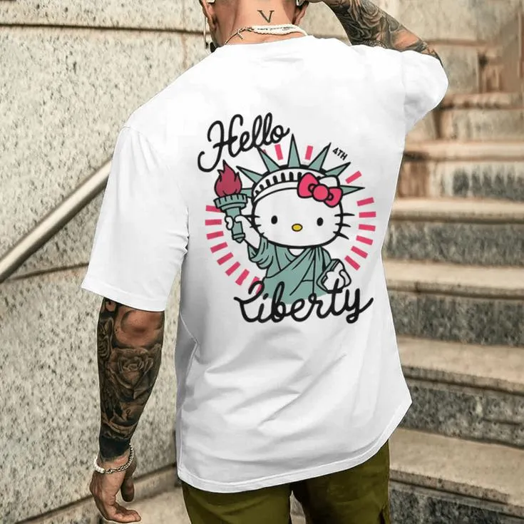 Hello Liberty With Kitty 4Th Of July American Flag Men's T-shirt Back Print