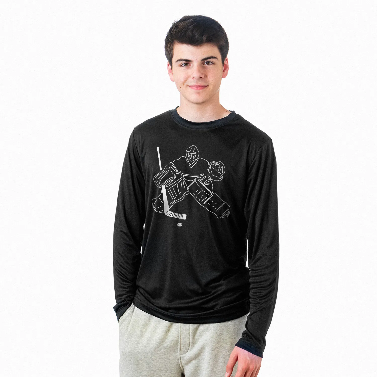 Hockey Long Sleeve Tech Tee - Hockey Goalie Sketch 