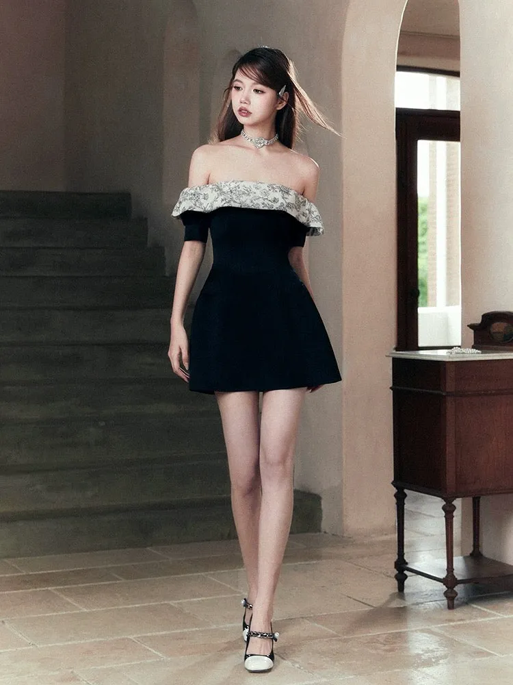IvyNyLon original design retro pattern one-line shoulder bag hip little black dress high-end tube top dress
