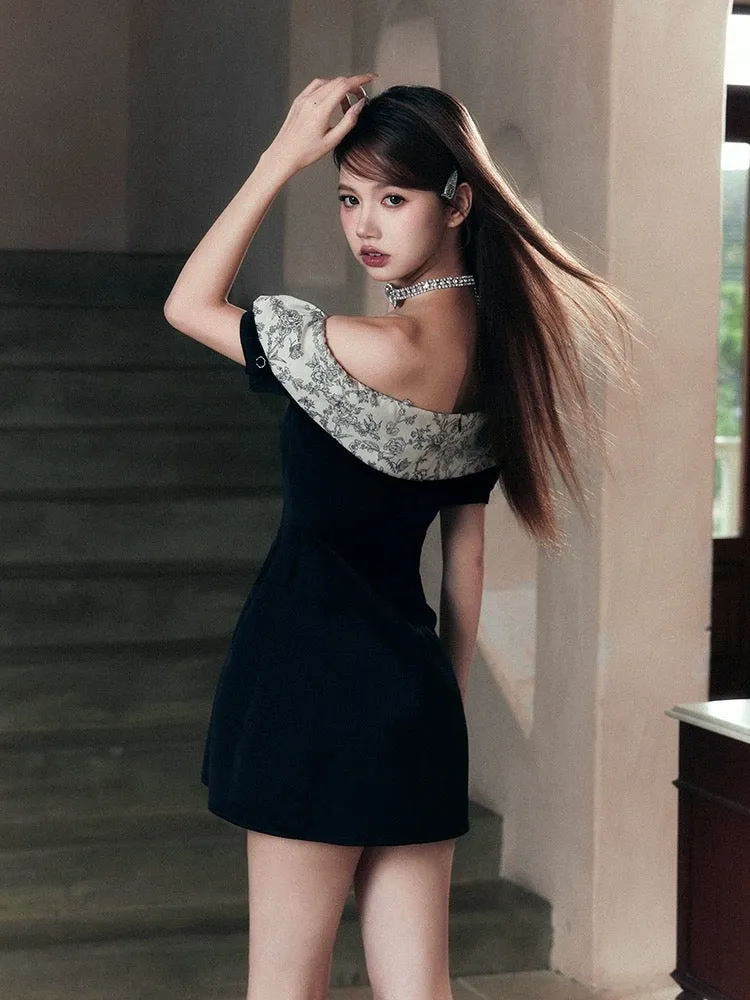 IvyNyLon original design retro pattern one-line shoulder bag hip little black dress high-end tube top dress