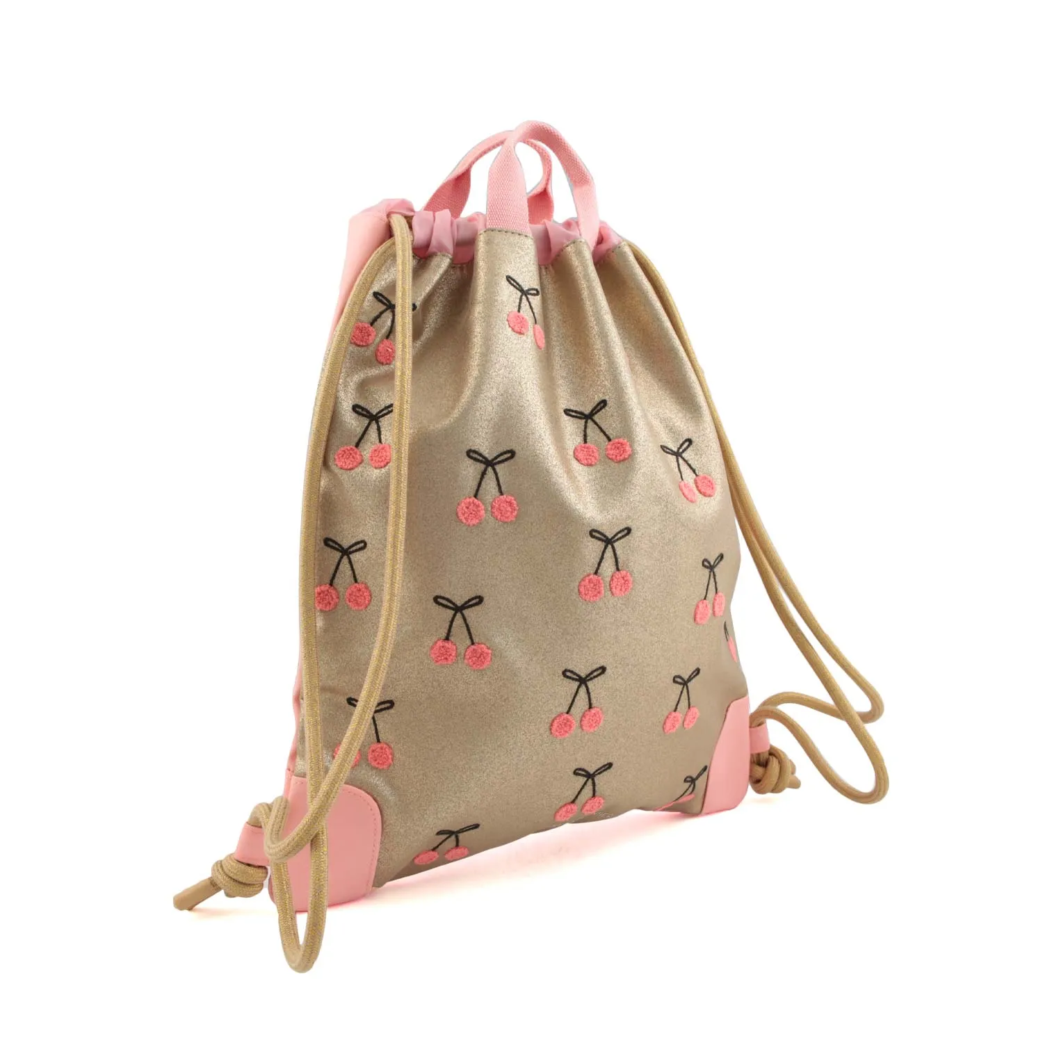 Jeune Premier Cherry Pompon Pink And Gold Sack Backpack