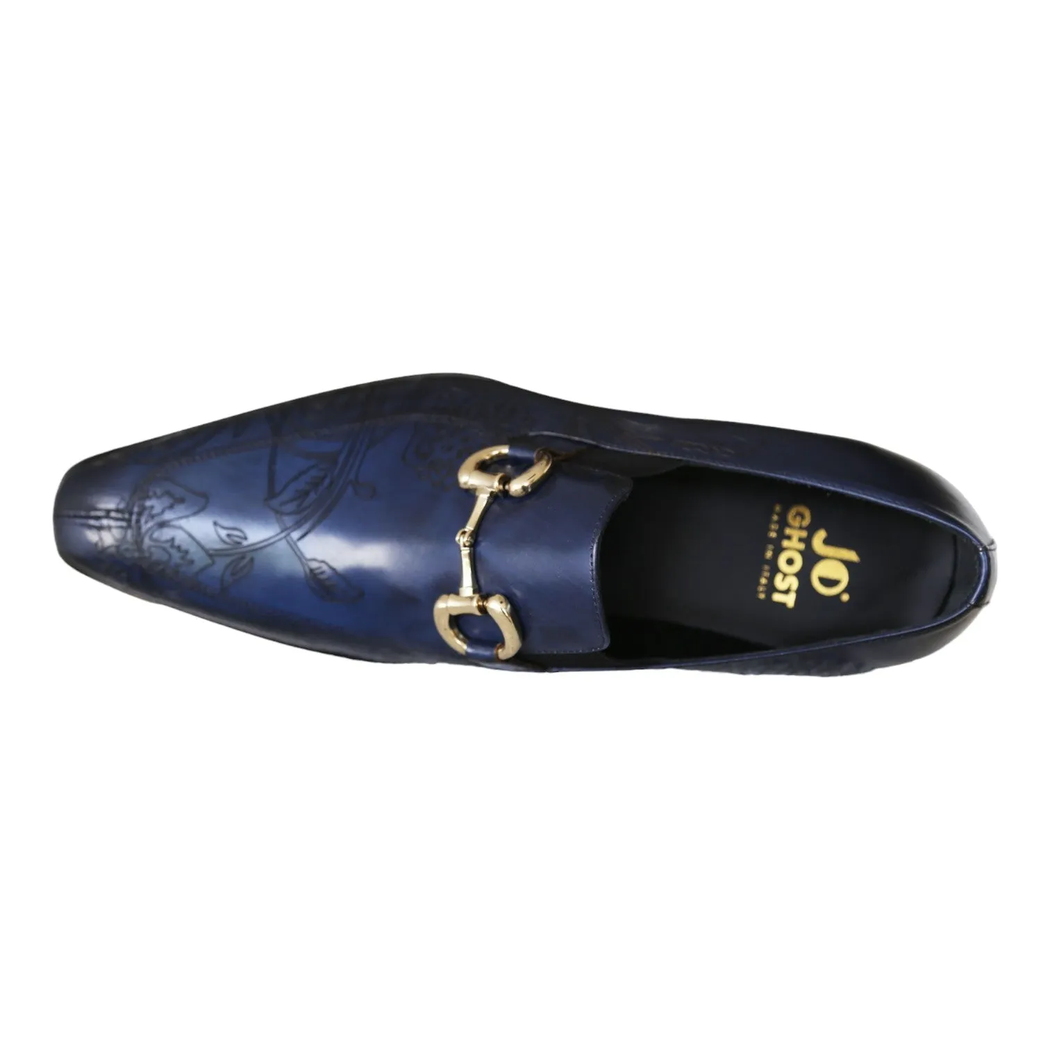 Jo Ghost 4957 Men's Shoes Navy Flower Print Leather Horsebit Loafers (JG5367)