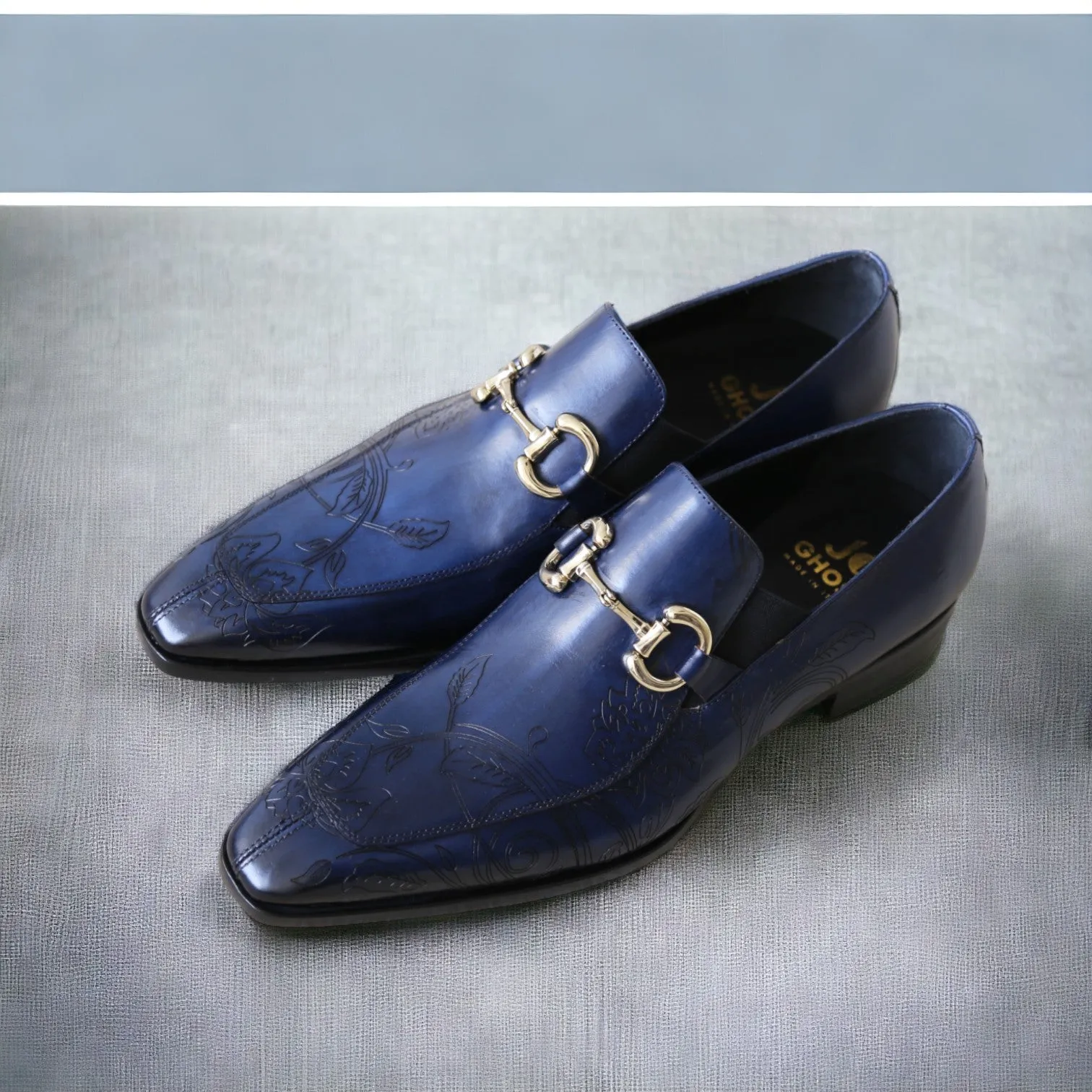 Jo Ghost 4957 Men's Shoes Navy Flower Print Leather Horsebit Loafers (JG5367)