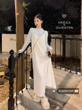 kumikumi gentle style suit apricot lace suspender dress women's autumn half turtleneck sweater two-piece set