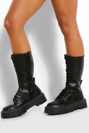 Lace Front Chunky Knee High Combat Boots