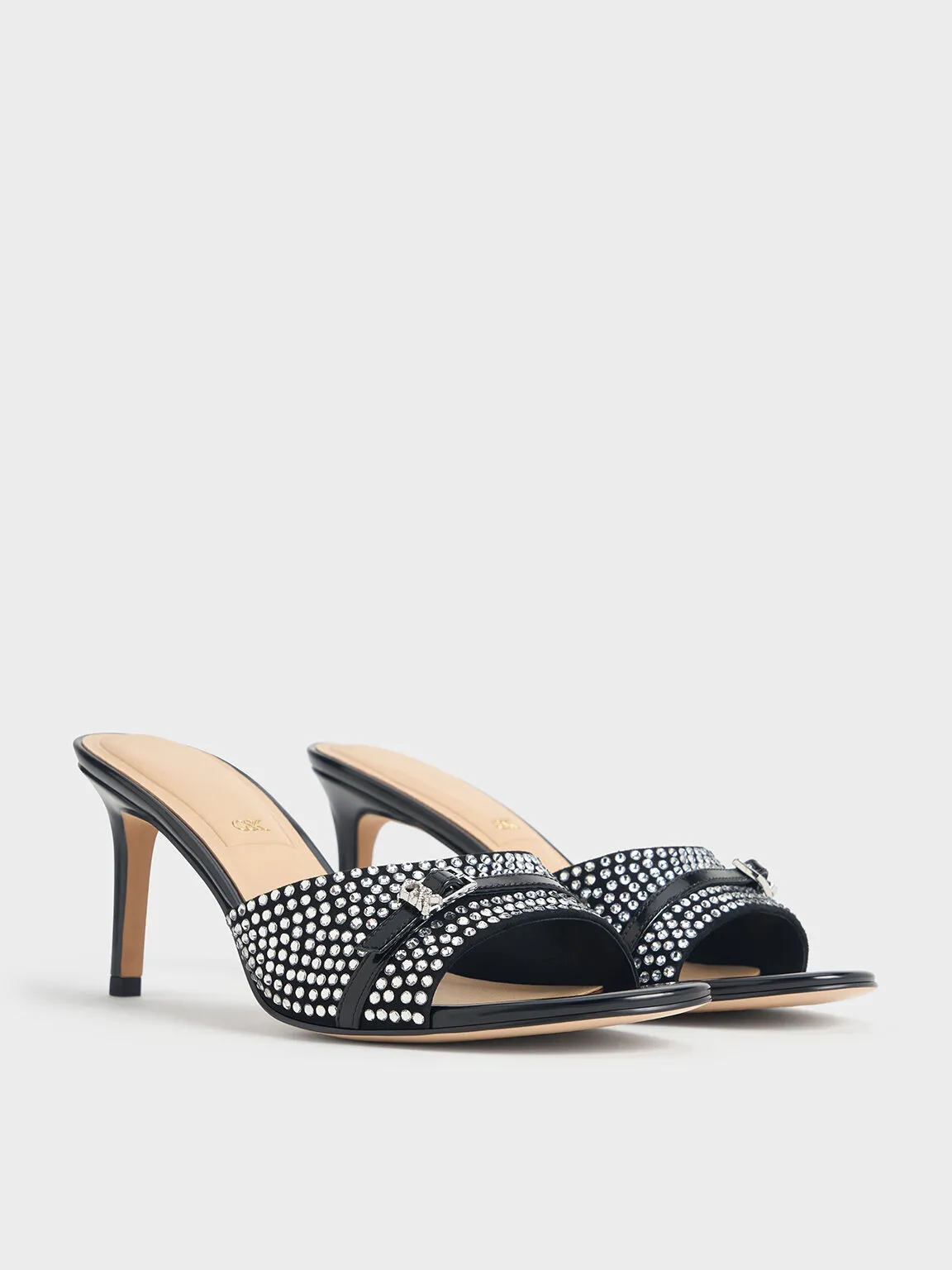 Leather & Suede Crystal-Embellished Buckle-Strap Heeled Mules - Black