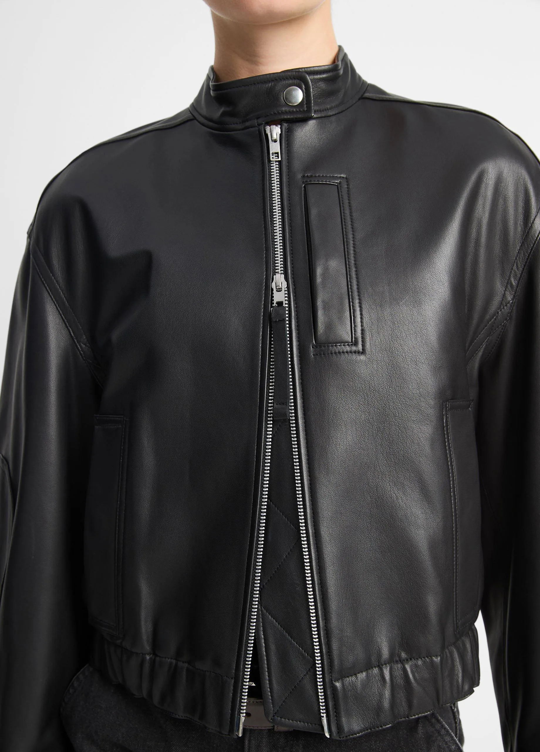 Leather Cropped Bomber Jacket