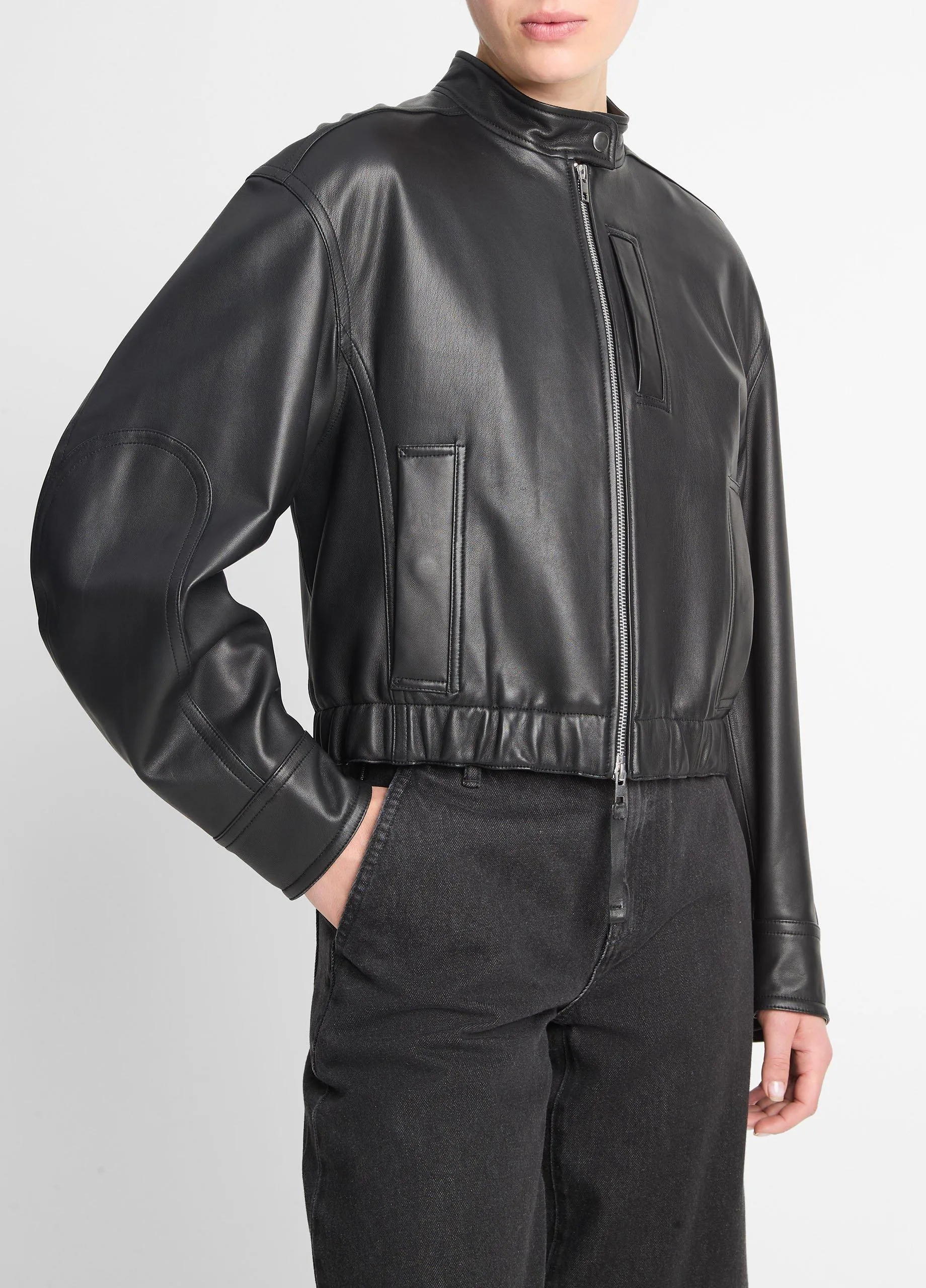 Leather Cropped Bomber Jacket