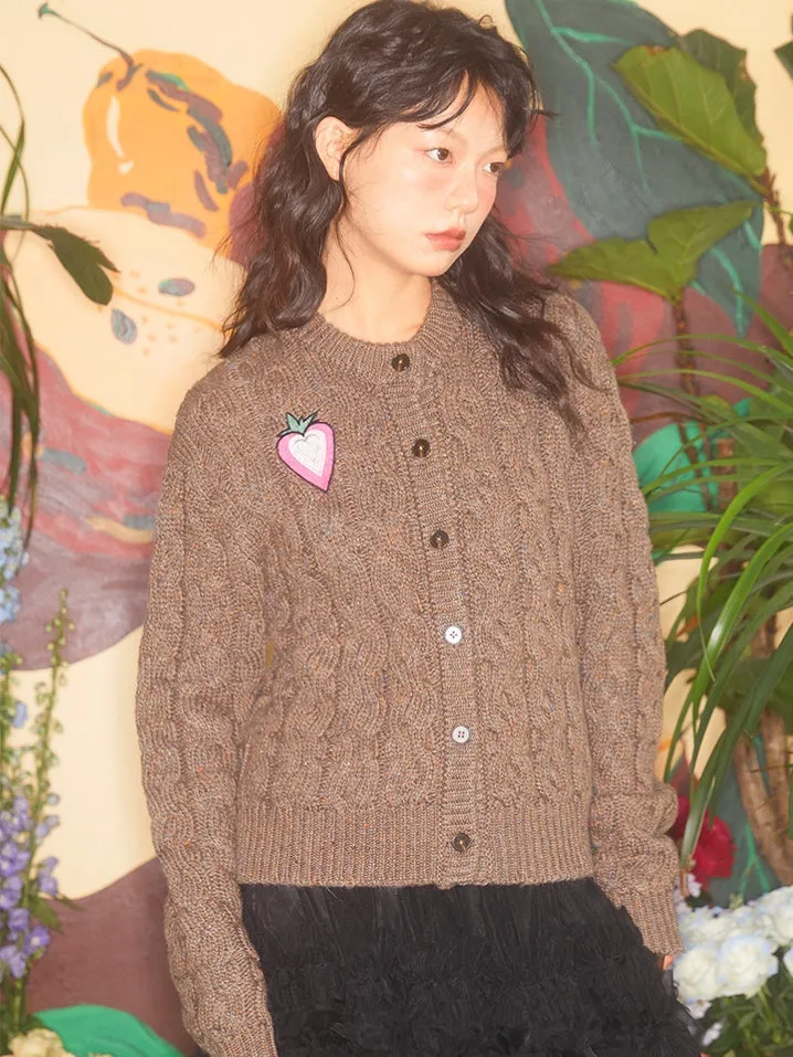 Love Strawberry Embroidered Cable Knitted Cardigan