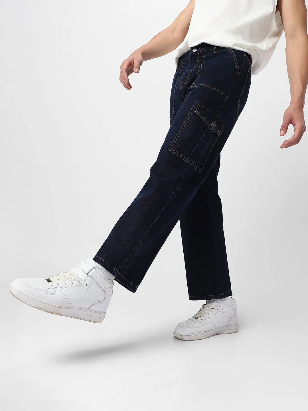 Men's Dark Blue Loose Baggy Fit Cargo Jeans with 6 Pockets Non-Stretchable