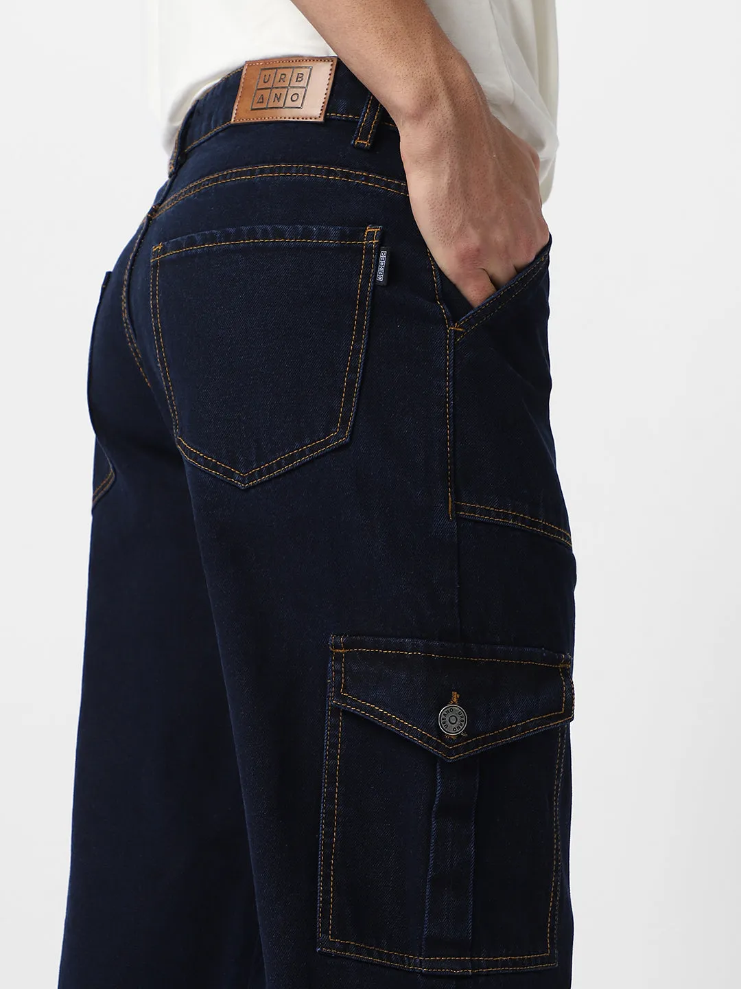 Men's Dark Blue Loose Baggy Fit Cargo Jeans with 6 Pockets Non-Stretchable