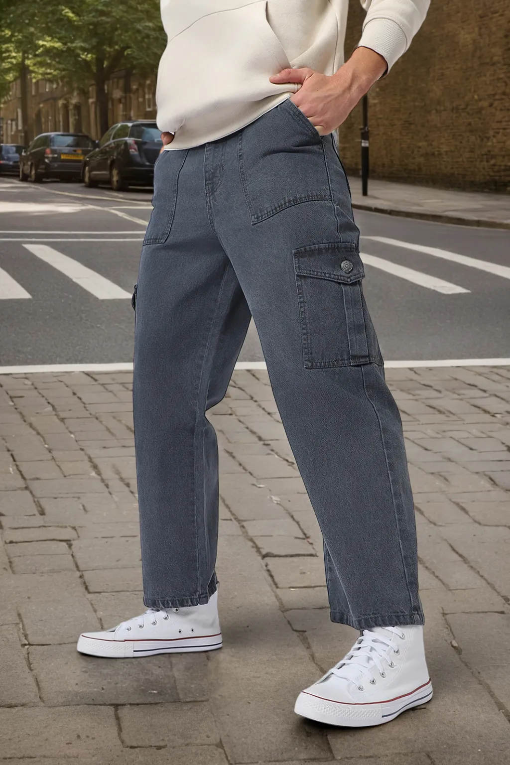 Men's Grey Loose Baggy Fit Cargo Jeans with 6 Pockets Non-Stretchable