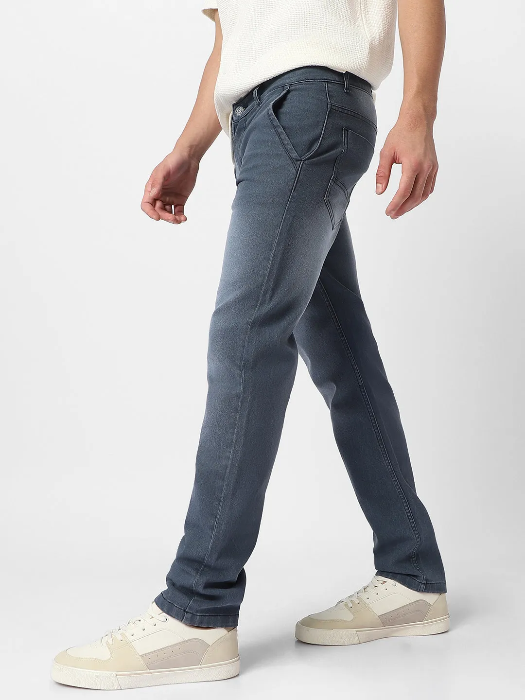 Men's Grey Regular Fit Washed Jeans Stretchable