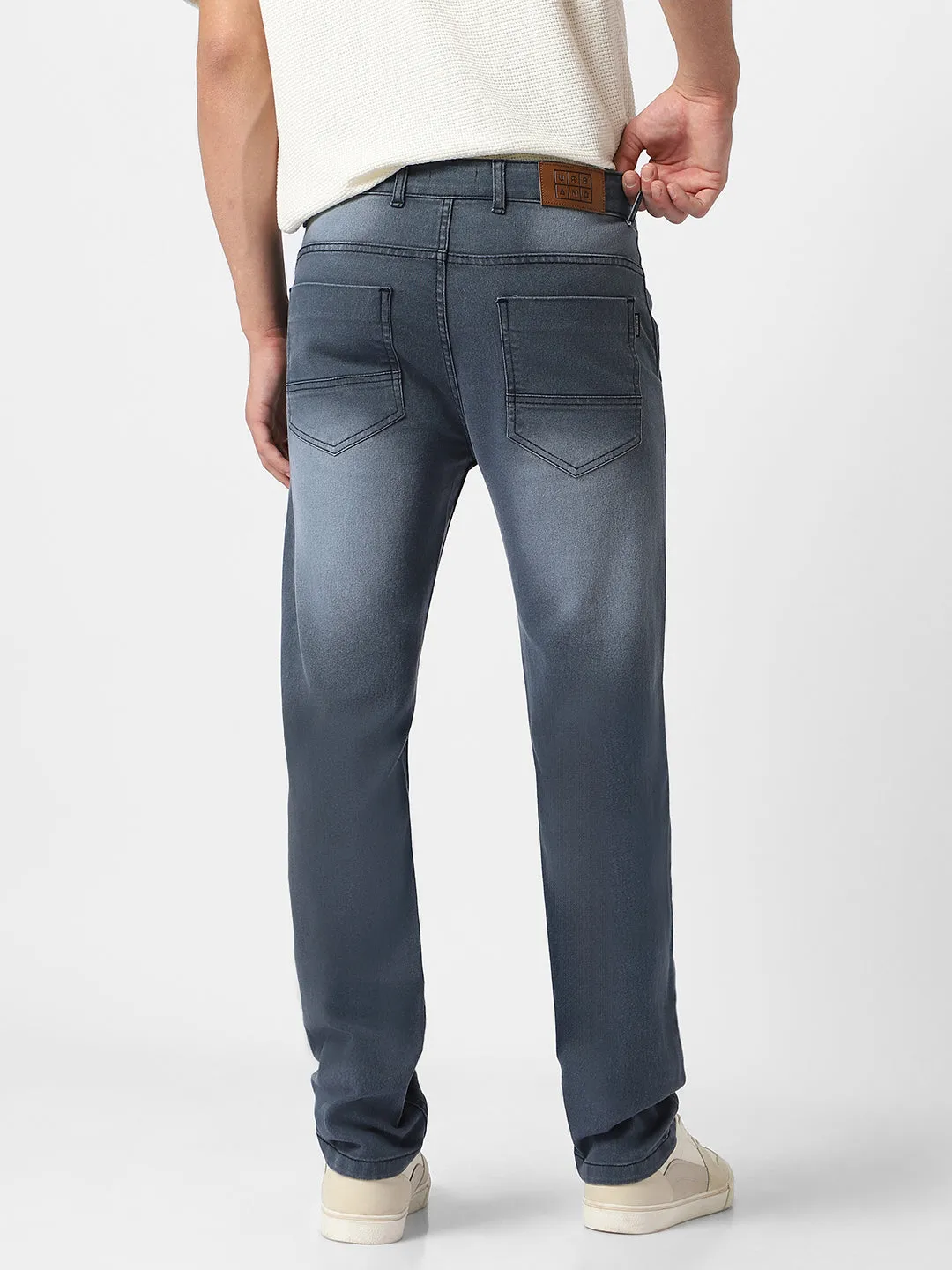 Men's Grey Regular Fit Washed Jeans Stretchable