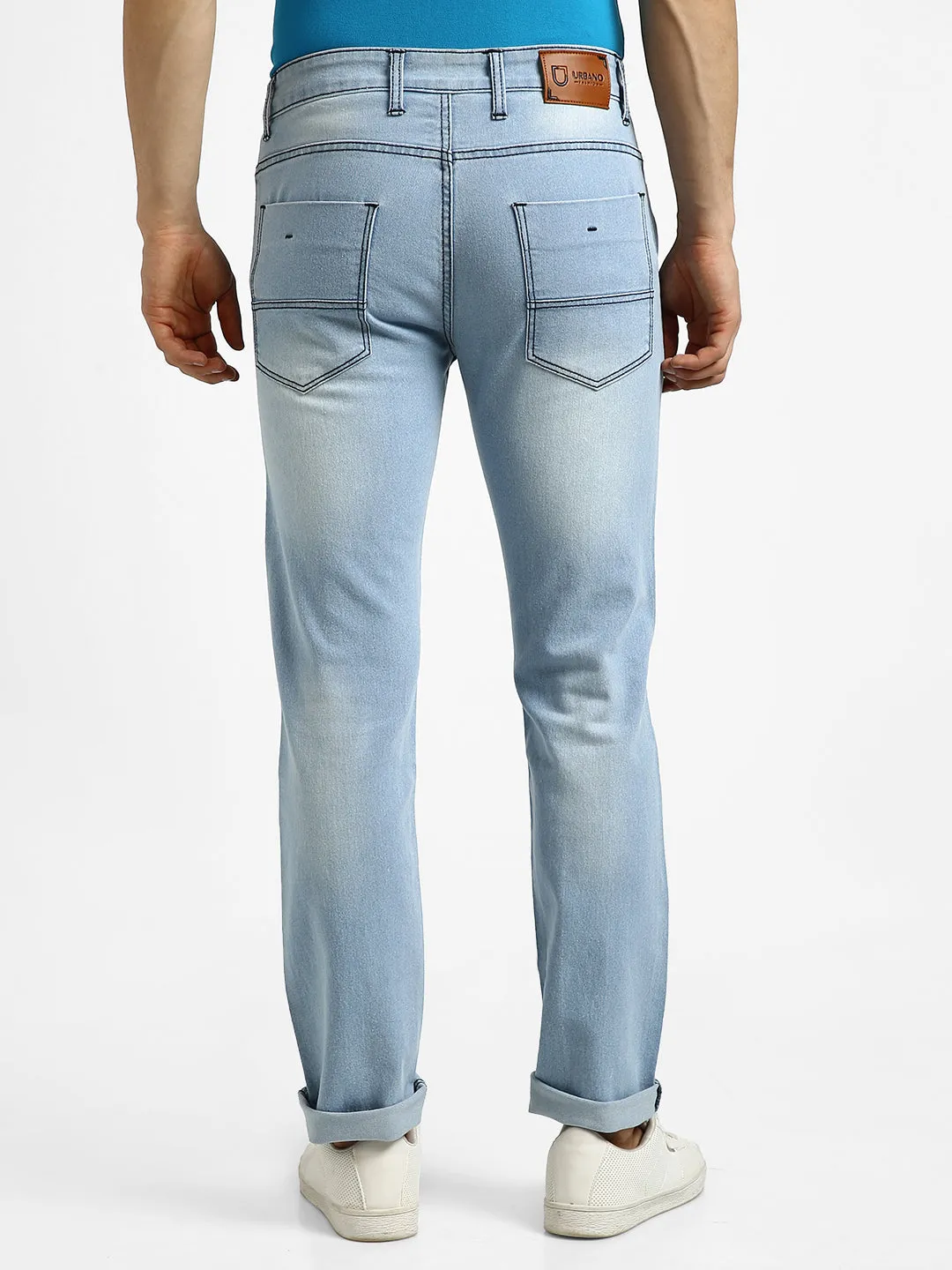 Men's Ice Blue Regular Fit Washed Jeans Stretchable