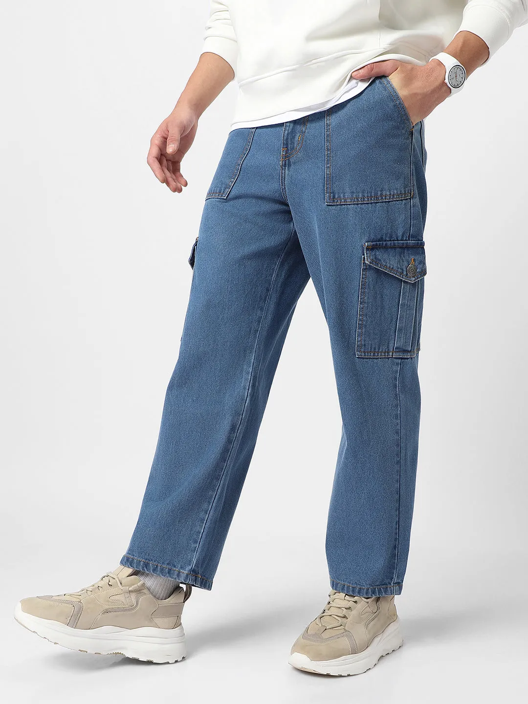 Men's Light Blue Loose Baggy Fit Cargo Jeans with 6 Pockets Non-Stretchable