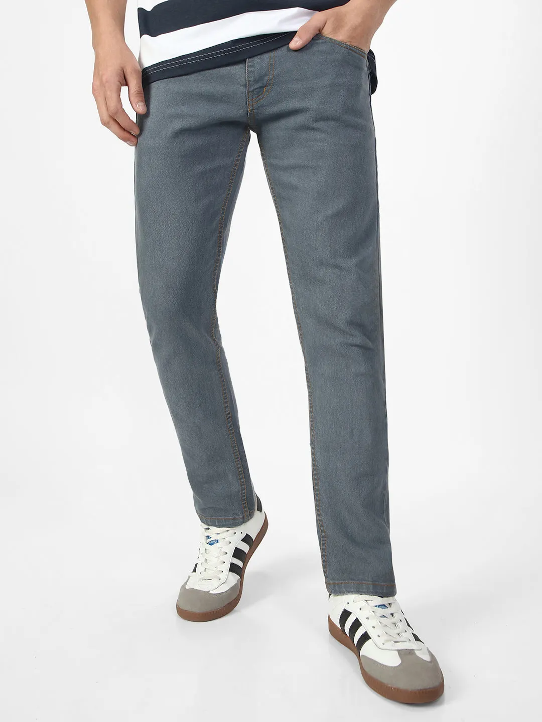 Men's Light Grey Slim Fit Washed Jeans Stretchable