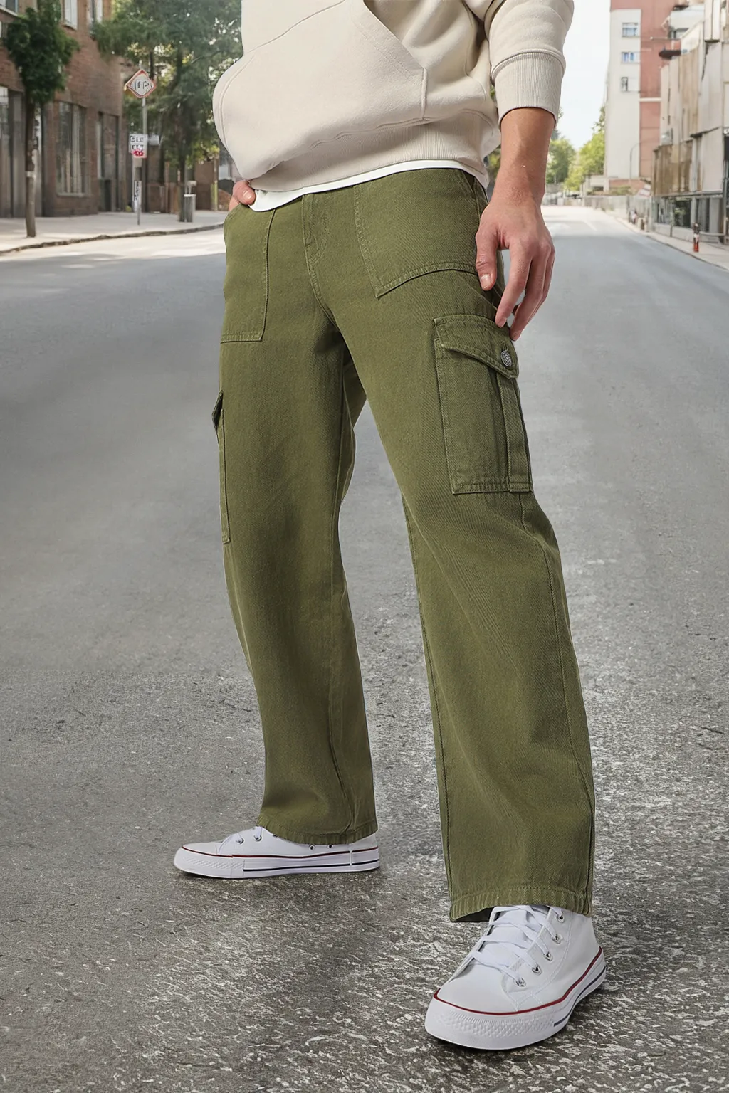 Men's Olive Green Loose Baggy Fit Cargo Jeans with 6 Pockets Non-Stretchable