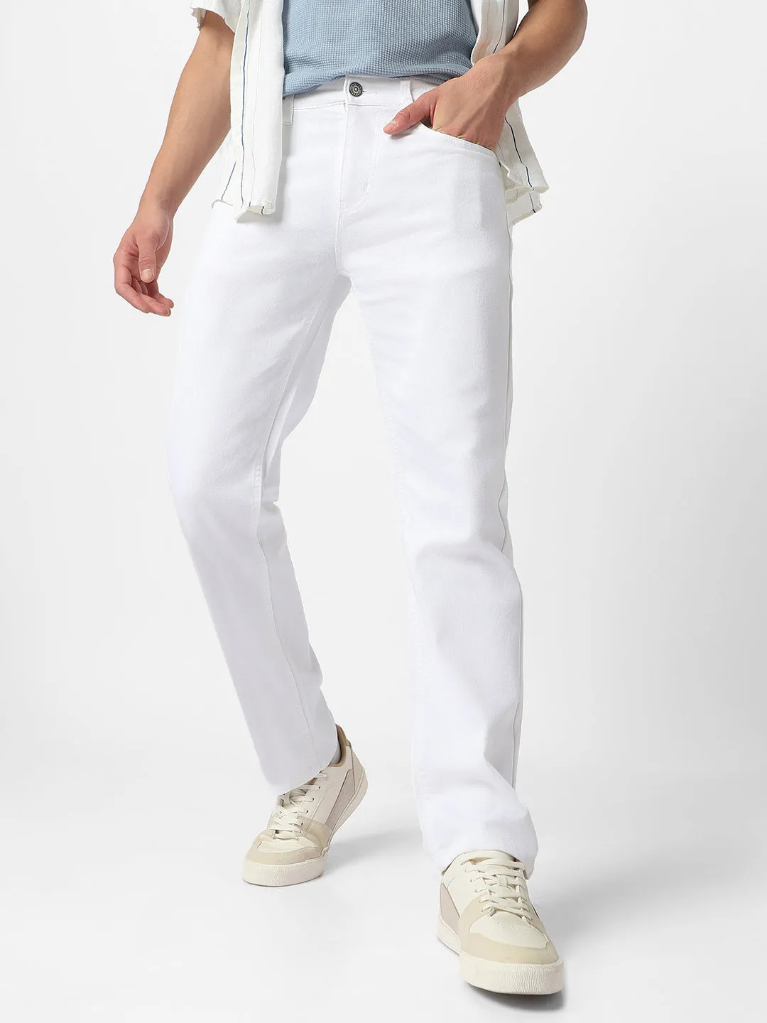 Men's White Regular Fit Washed Jeans Stretchable