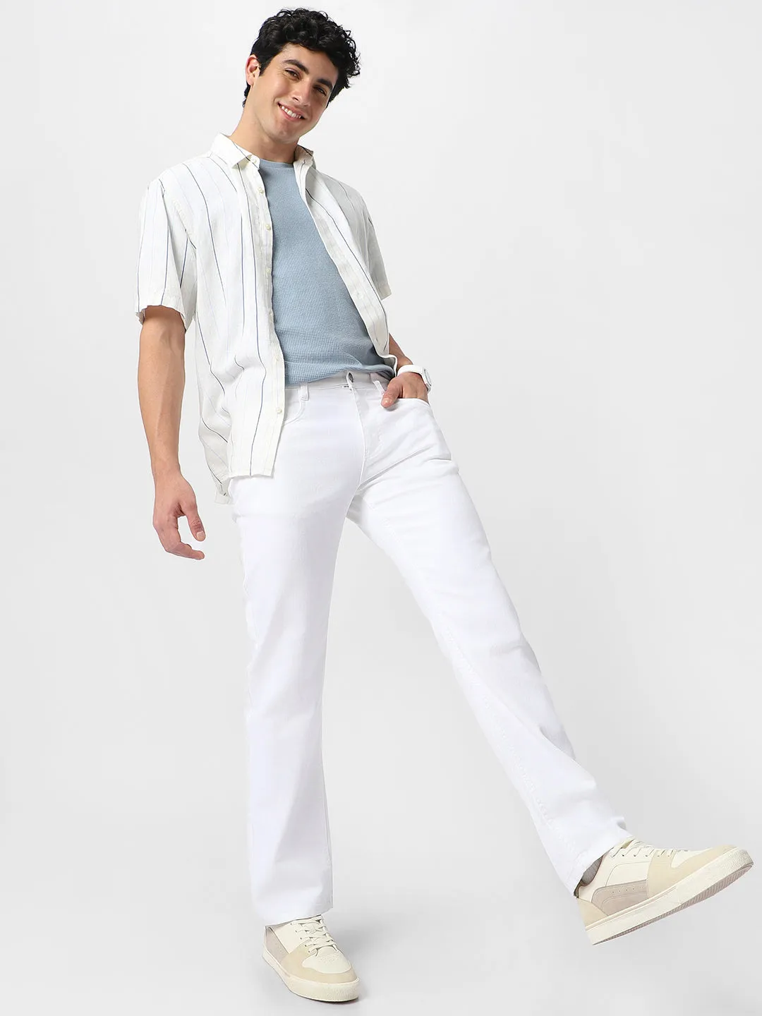 Men's White Regular Fit Washed Jeans Stretchable