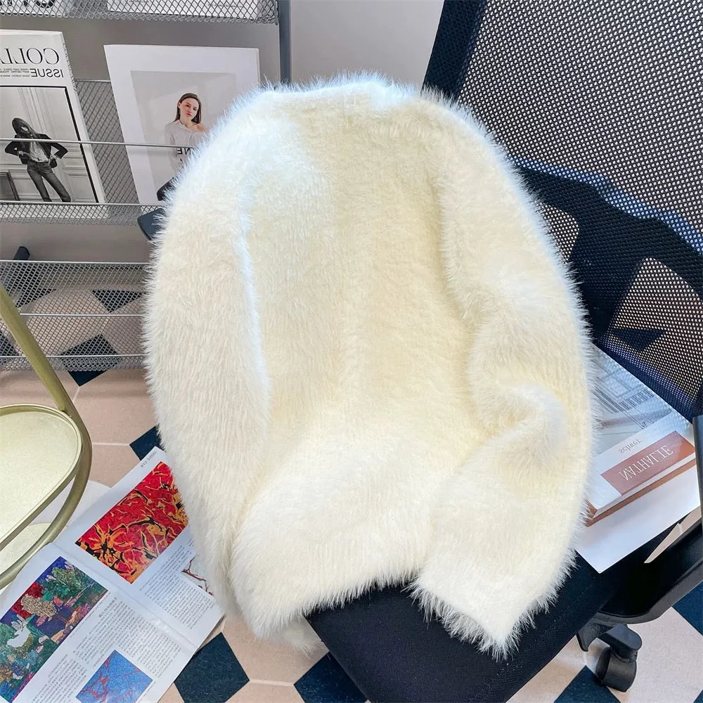 Milk fufu gentle style cute cartoon mink fleece sweater men and women autumn and winter lazy small knitted cardigan jacket
