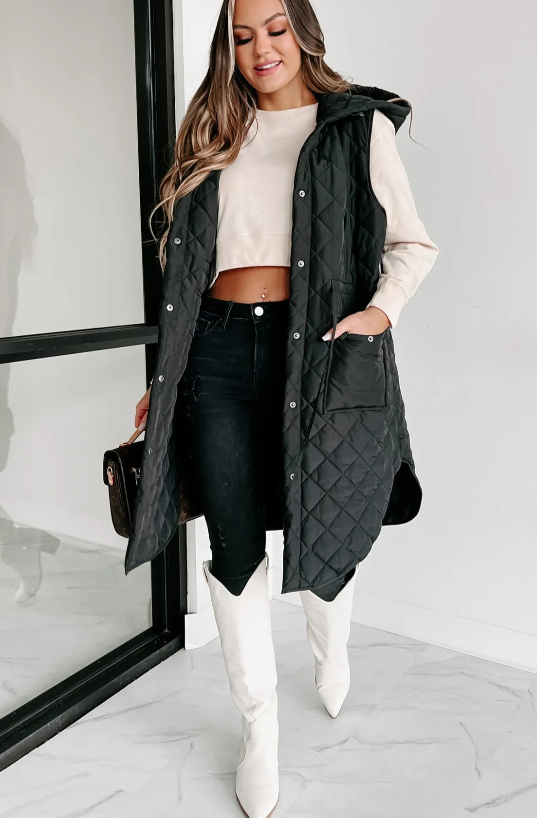 My Missing Piece Quilted Hooded Vest (Black)