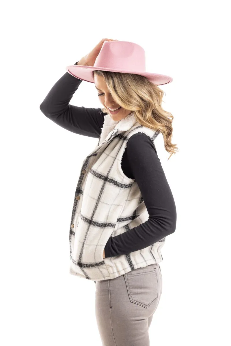 Neutral Plaid Fleece Lined Vest for Women