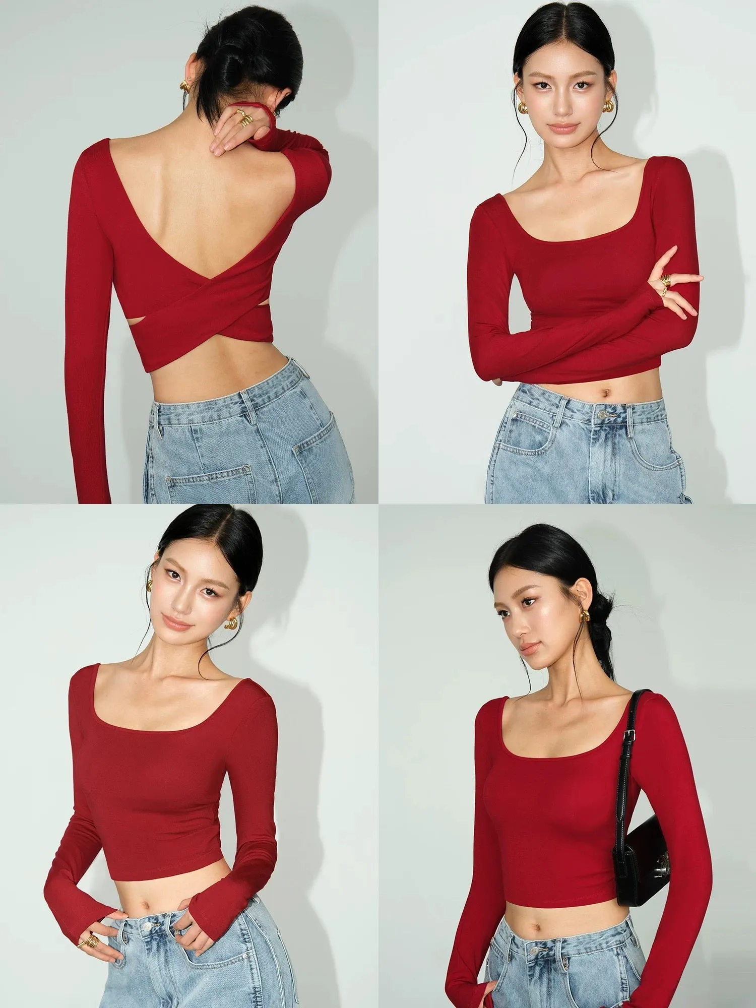 NEVA HU Square Neck Backless Padded Top Women's Autumn Slim Fit Bottoming Top Short Knitted Sweater