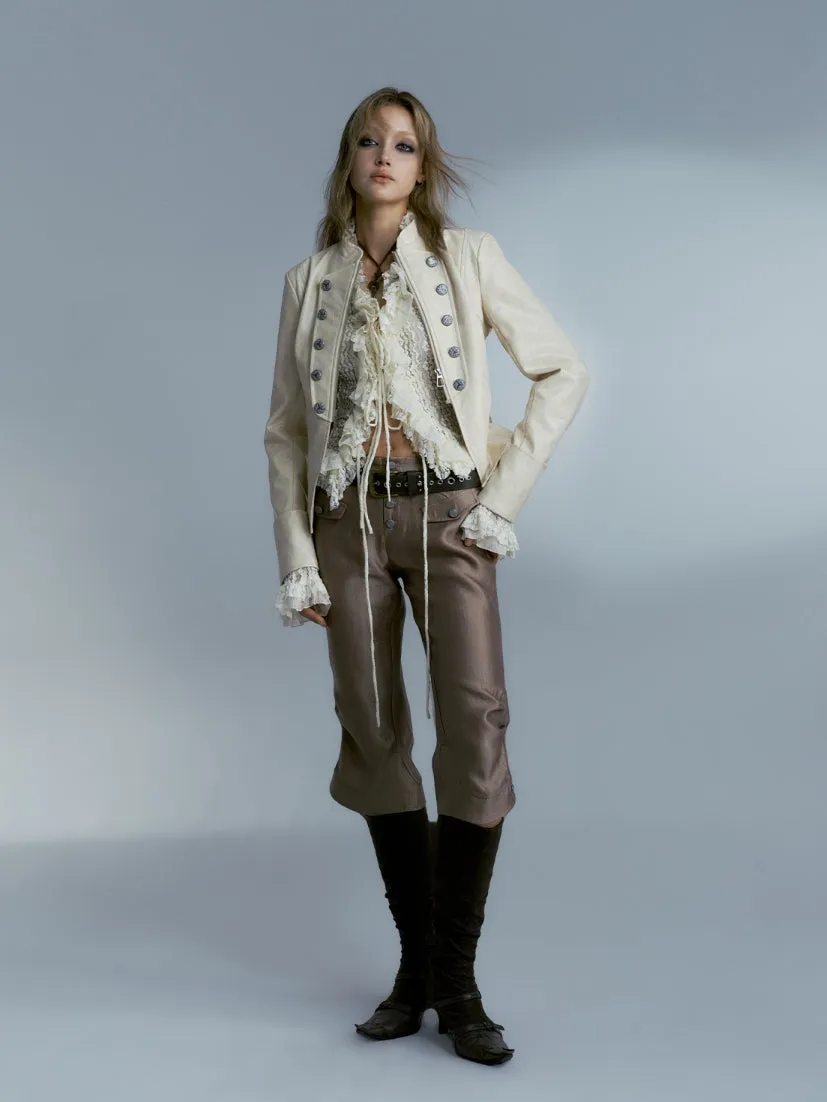 Nichi Mao-Collar Retro Zip Short Leahter-Jacket