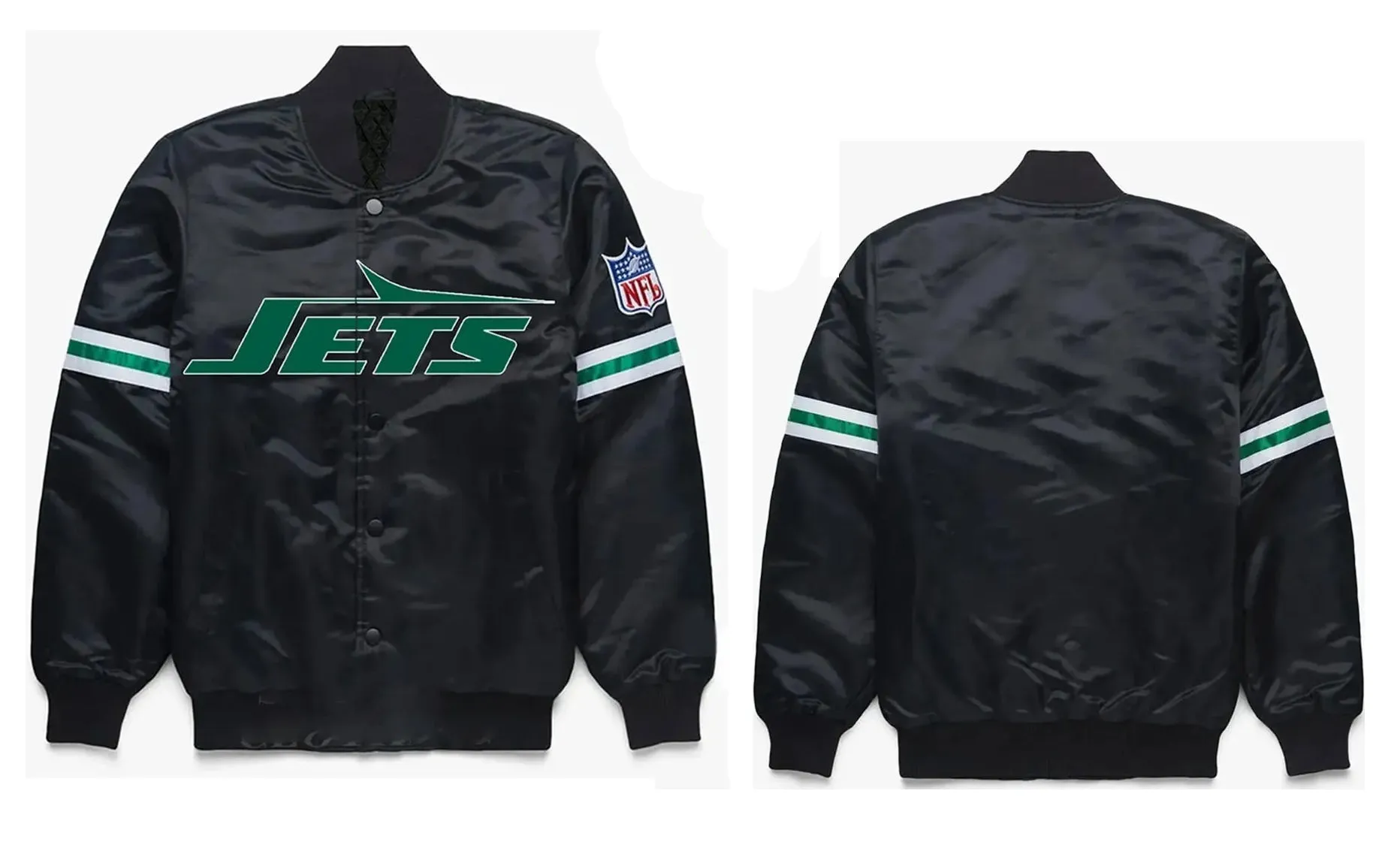 NY Jets Black Satin Bomber Style Letterman Full snap Embroidered Varsity Jacket