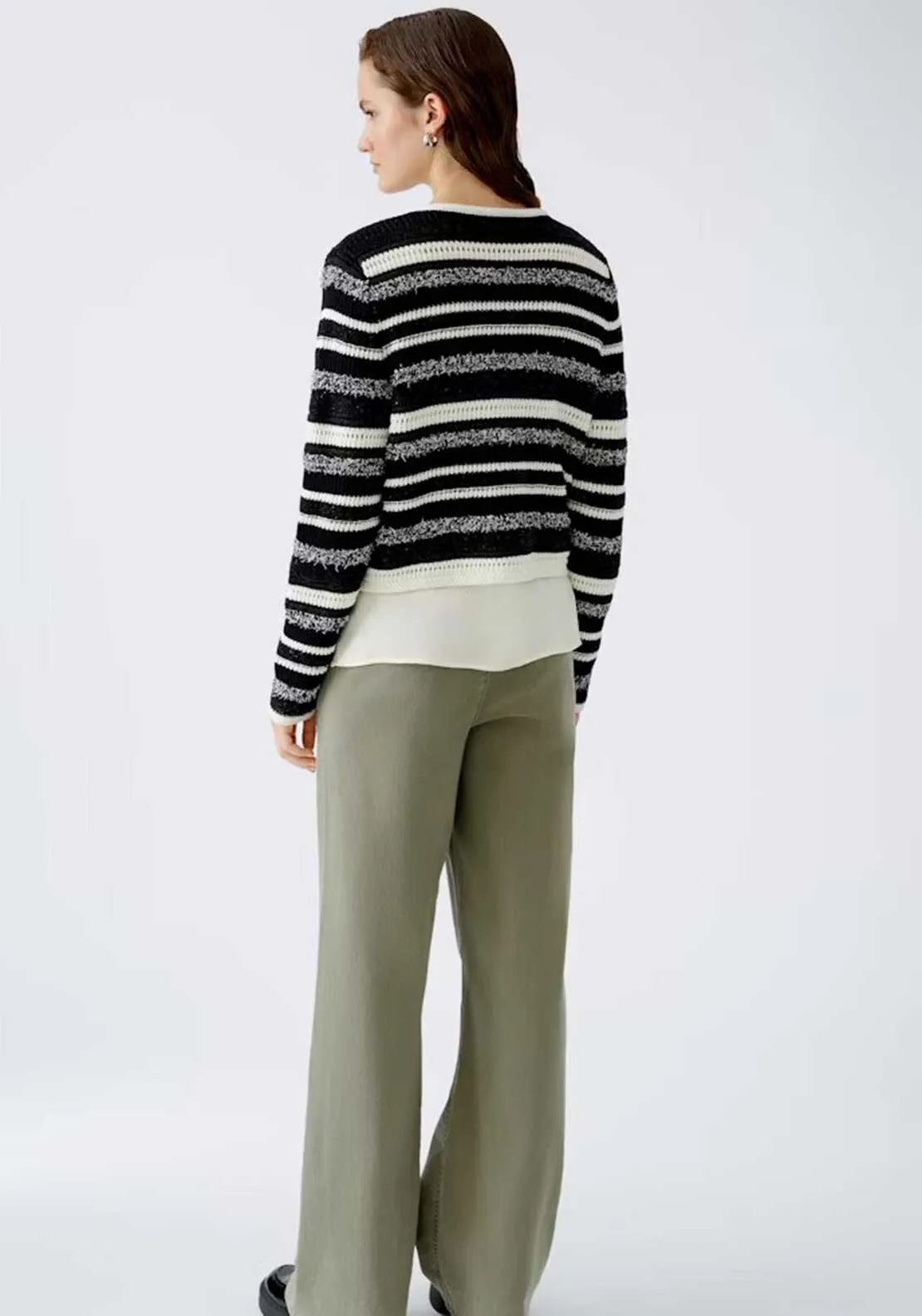 Oui Striped Pattern Button Up Cardigan, Black and White