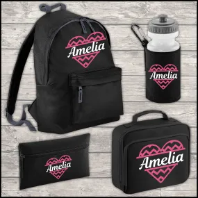 Personalised 12 Litre Backpack - Water Bottle - Lunch Bag - Pencil Case - Back To School -  Heart with Name