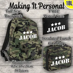 Personalised 18L Backpack Kids Lunch Bag and FREE Pencil Case ADD Your NAME Back To School Camo