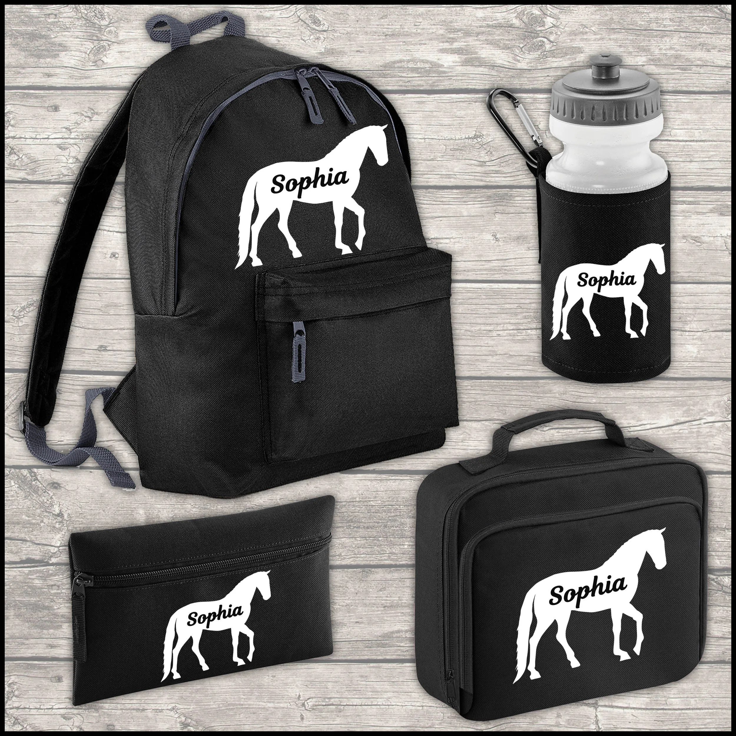 Personalised Horse 18L Backpack Kids Lunch Bag Water Bottle and FREE Pencil Case ADD Your NAME Back To School Black