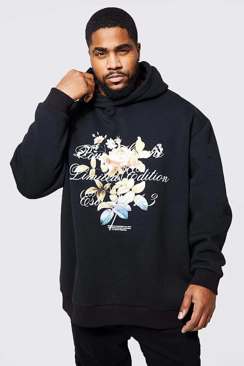 Plus Floral Text Limited Floral Print Hoodie