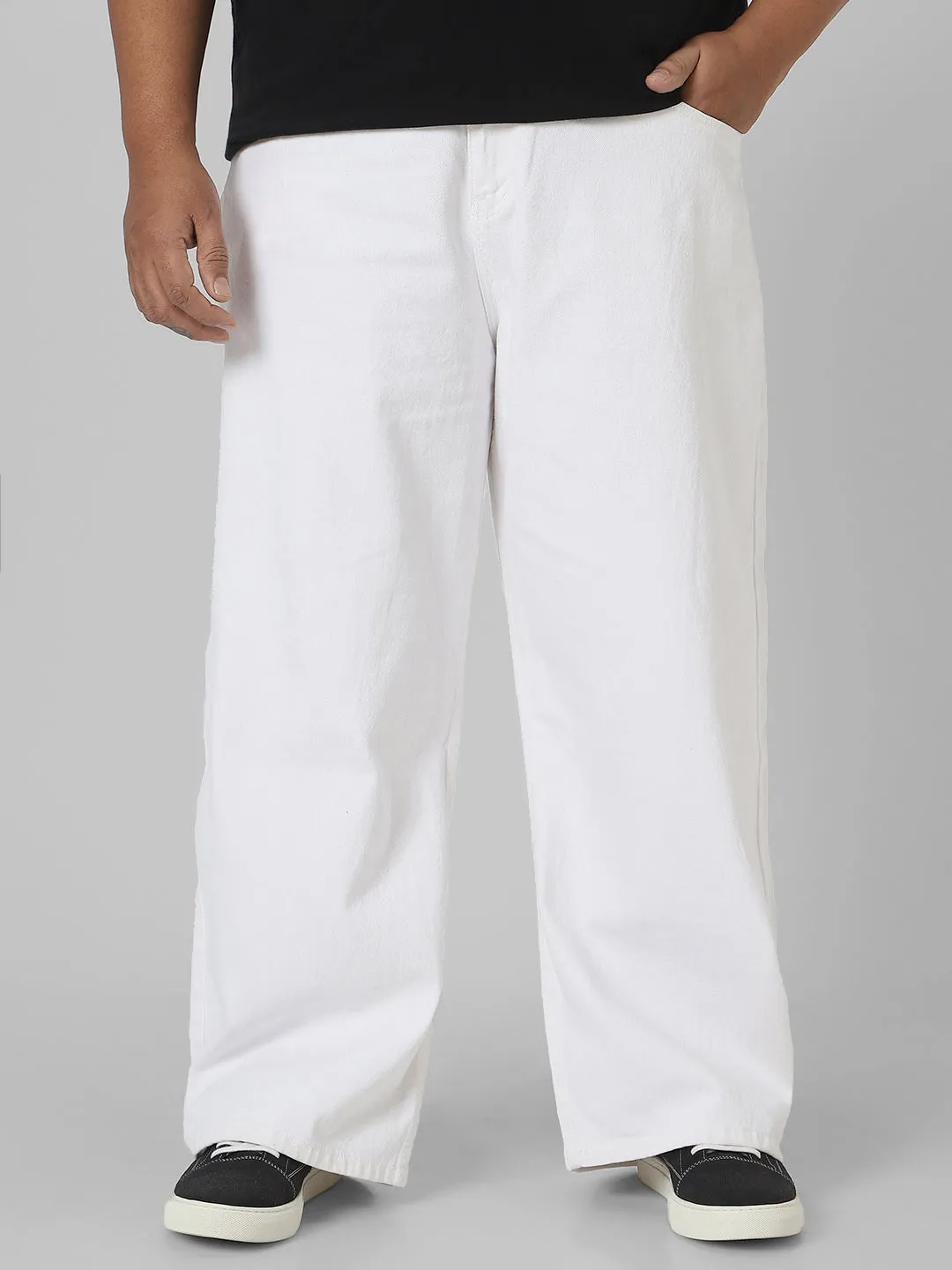 Plus Men's White Loose Baggy Fit Washed Jeans Non-Stretchable