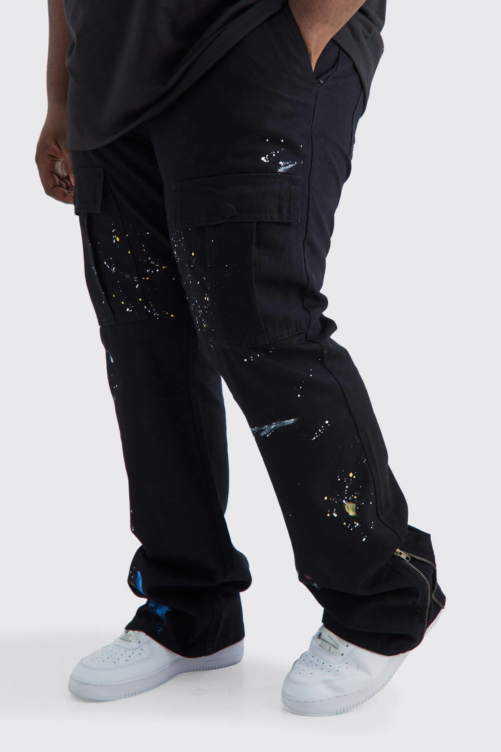 Plus Slim Stacked Zip Flare Paint Splatter Cargo Pants