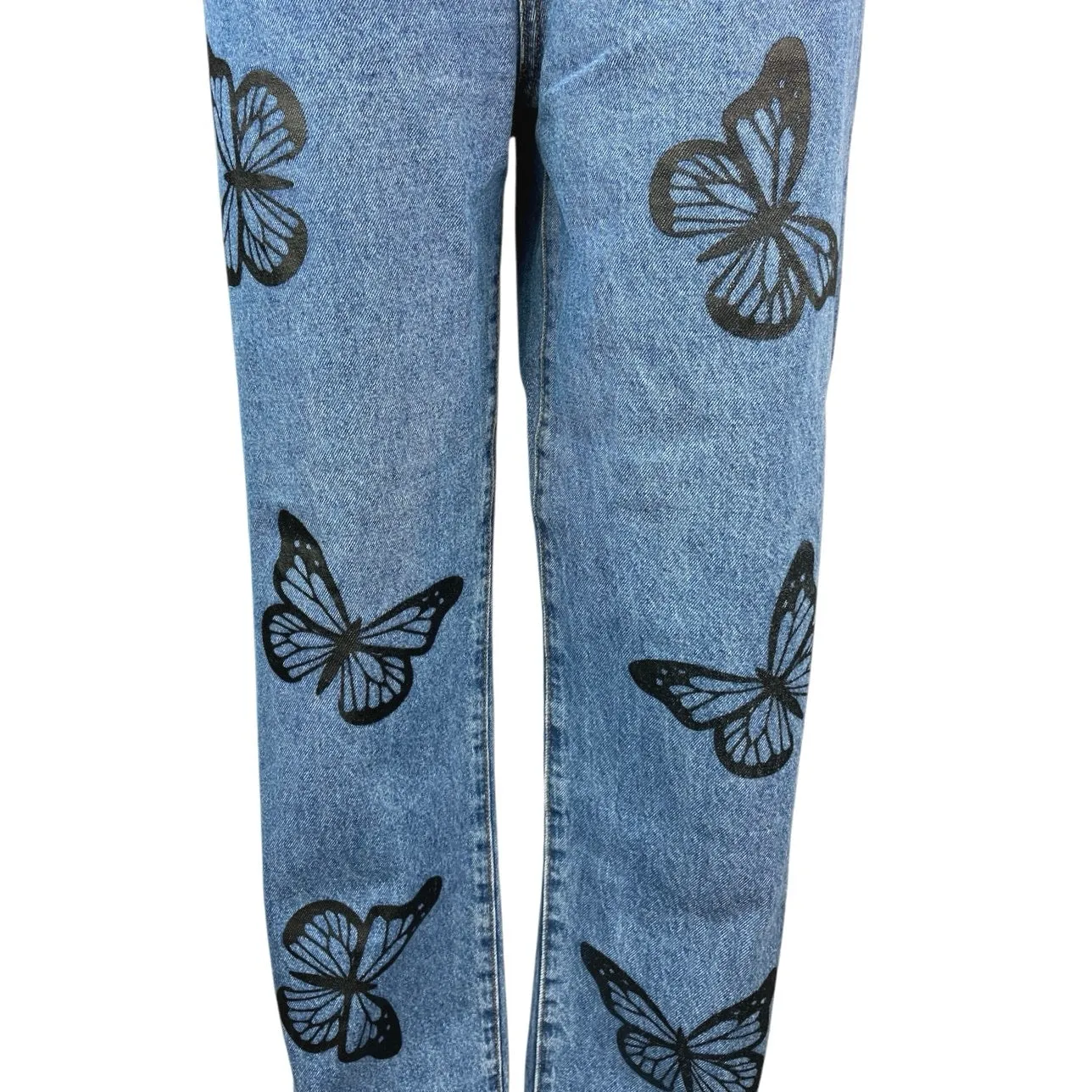 Princess Polly Women's Blue Butterflies Print Wide Leg High Waist Denim Jeans 12