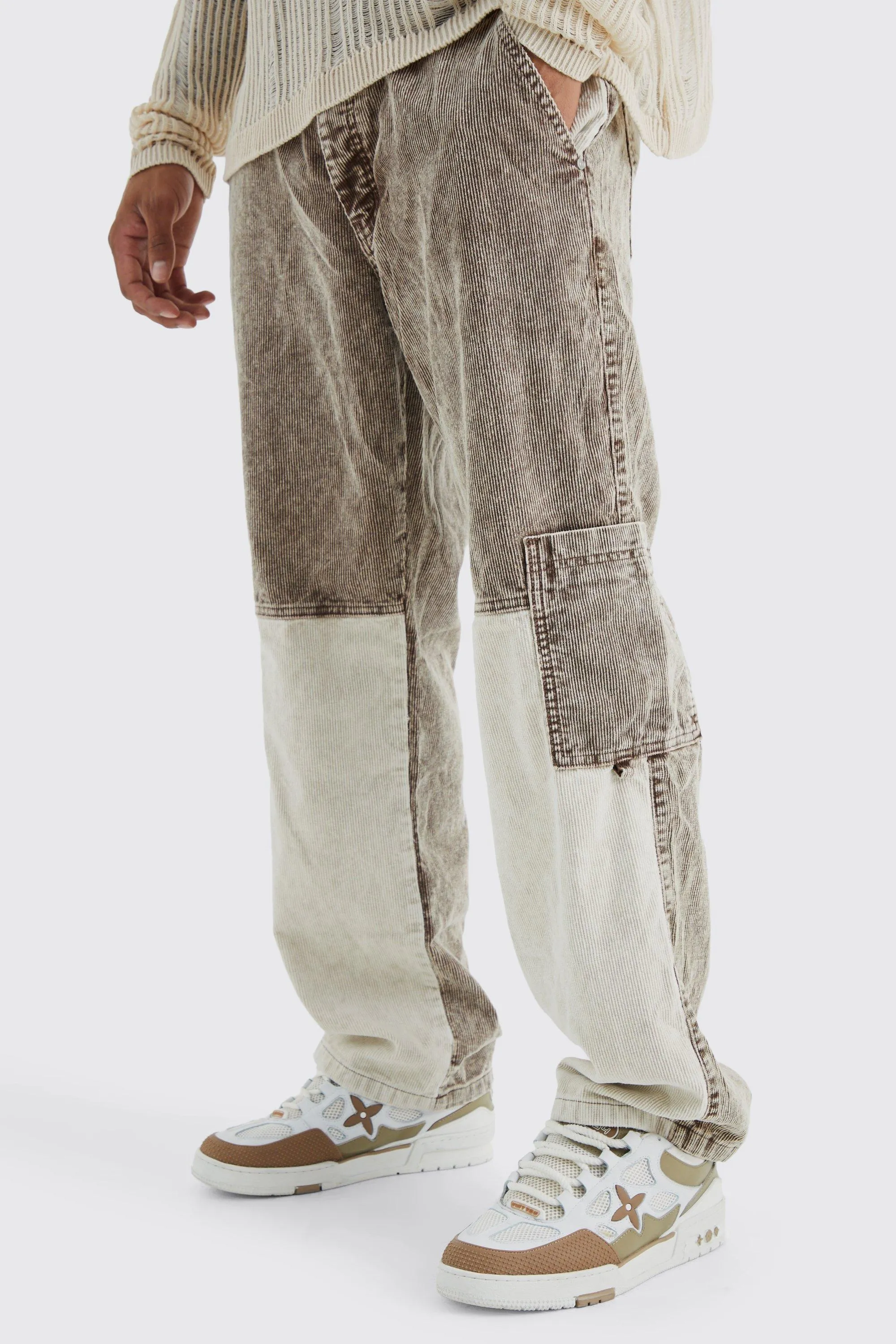 Relaxed Color Block Acid Wash Cord Cargo Pants