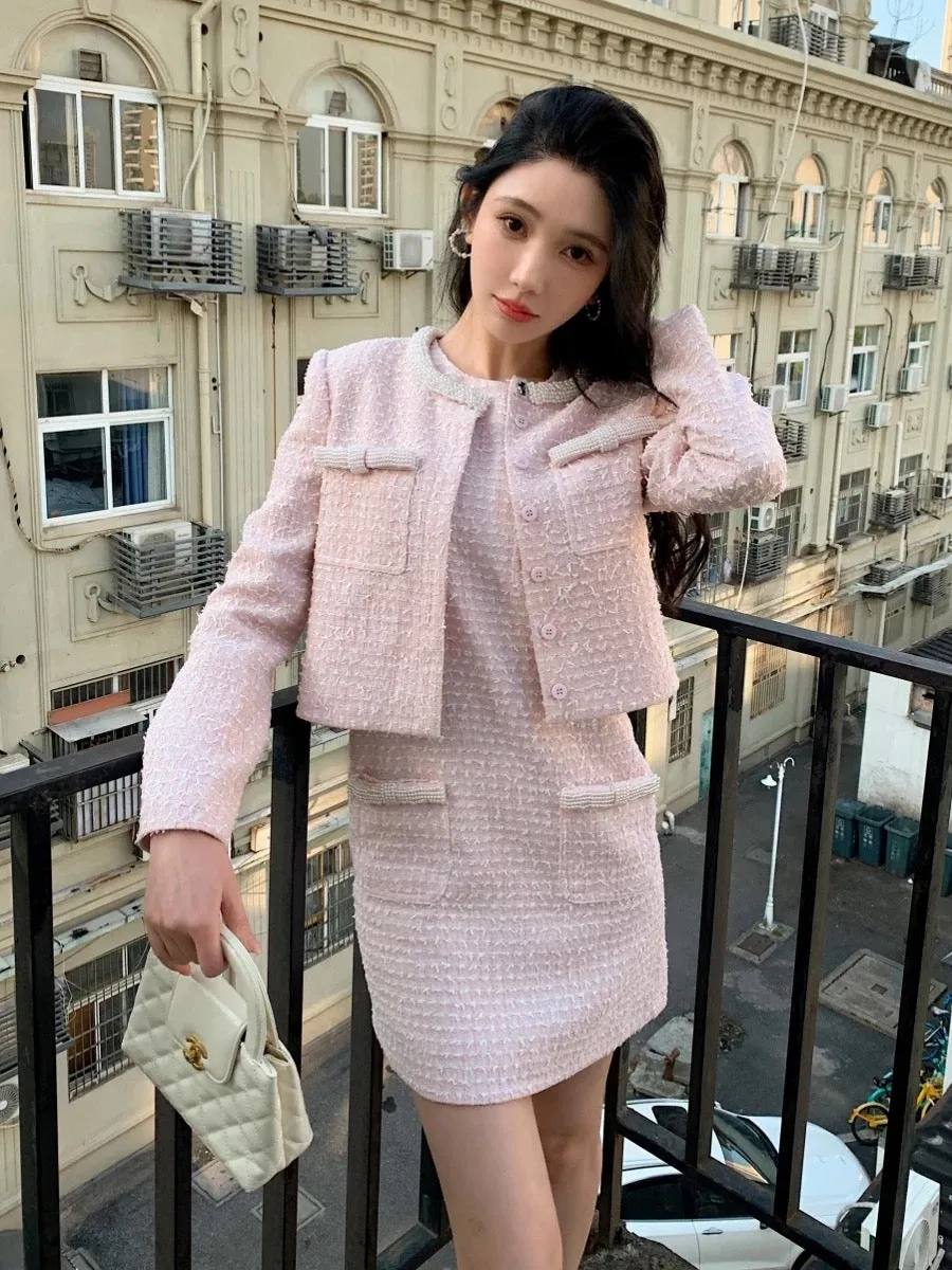 Rich daughter Xiaoxiangfeng pearl pink tweed long-sleeved jacket cardigan sleeveless dress two-piece suit