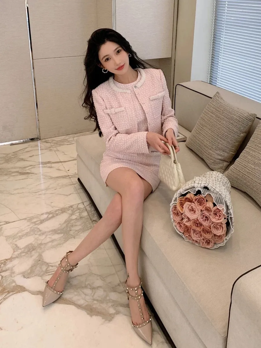 Rich daughter Xiaoxiangfeng pearl pink tweed long-sleeved jacket cardigan sleeveless dress two-piece suit